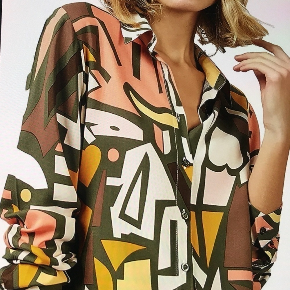 Big Dart Womens Button Down Shirt Long Sleeve Retro Abstract Color Block Funky M